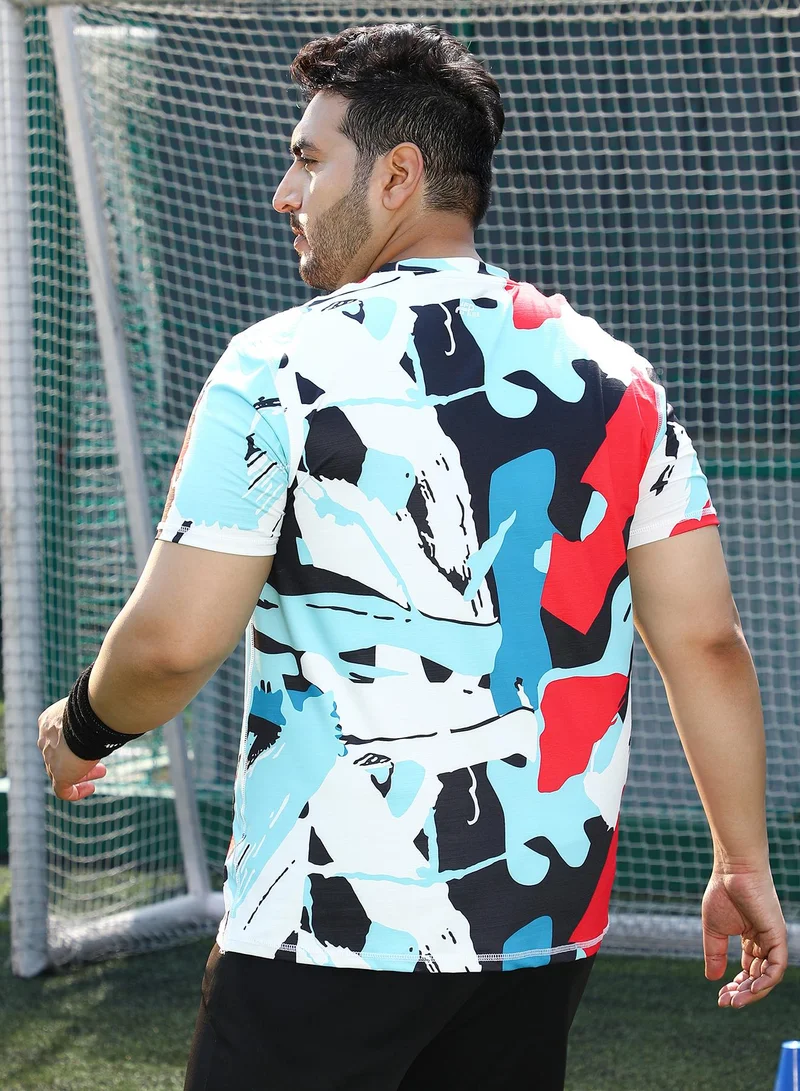 Instafab Plus Instafab Plus Men's Powder Blue & Cream White Abstract Activewear T-Shirt For Casual Wear | Crew Neck | Short Sleeves | Plus Size Jersey T-Shirt Crafted With Comfort Fit For Everyday Wear