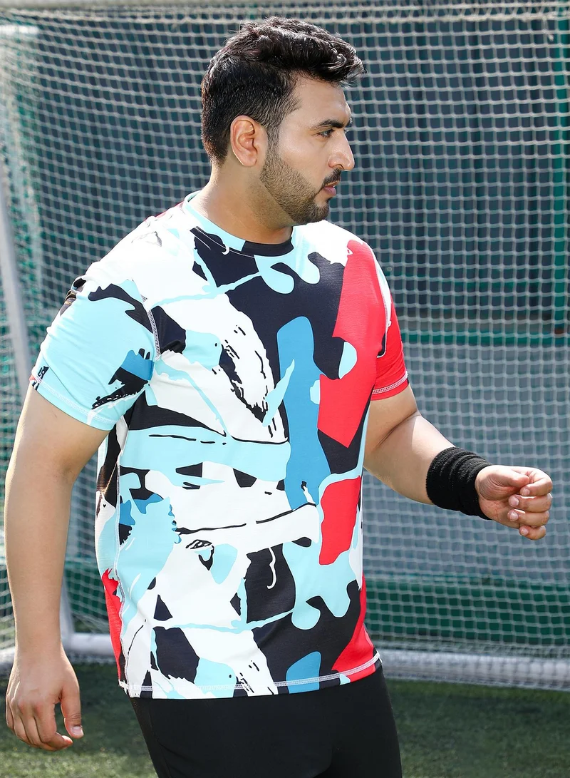 Instafab Plus Instafab Plus Men's Powder Blue & Cream White Abstract Activewear T-Shirt For Casual Wear | Crew Neck | Short Sleeves | Plus Size Jersey T-Shirt Crafted With Comfort Fit For Everyday Wear