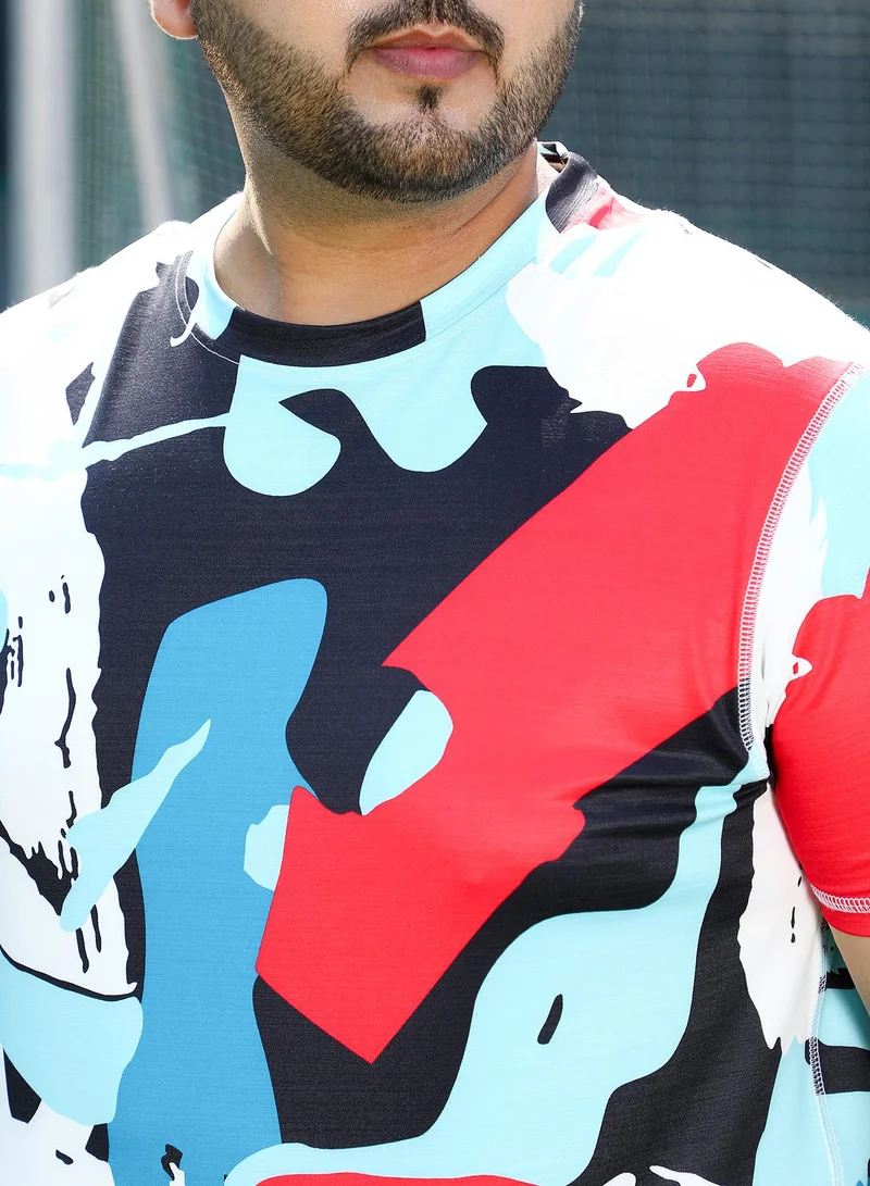 Instafab Plus Instafab Plus Men's Powder Blue & Cream White Abstract Activewear T-Shirt For Casual Wear | Crew Neck | Short Sleeves | Plus Size Jersey T-Shirt Crafted With Comfort Fit For Everyday Wear