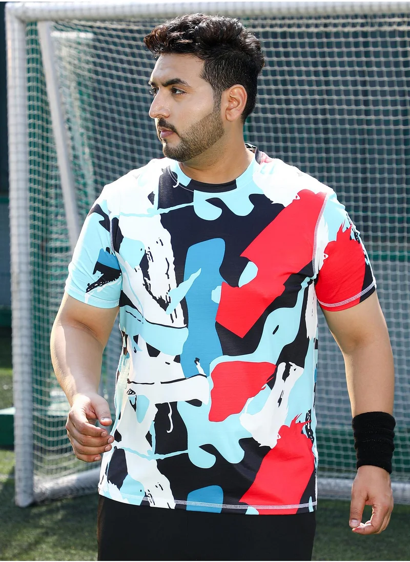 انستافاب بلس Instafab Plus Men's Powder Blue & Cream White Abstract Activewear T-Shirt For Casual Wear | Crew Neck | Short Sleeves | Plus Size Jersey T-Shirt Crafted With Comfort Fit For Everyday Wear