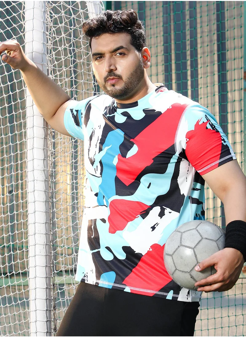 انستافاب بلس Instafab Plus Men's Powder Blue & Cream White Abstract Activewear T-Shirt For Casual Wear | Crew Neck | Short Sleeves | Plus Size Jersey T-Shirt Crafted With Comfort Fit For Everyday Wear