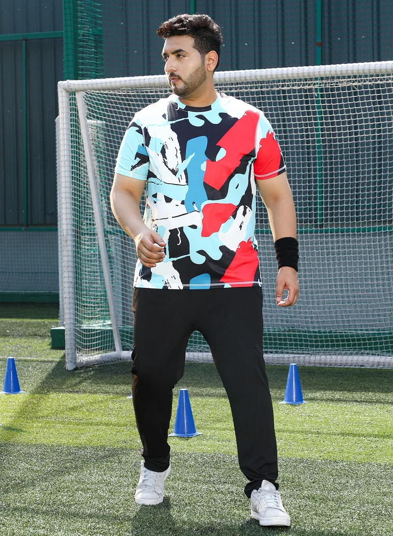Instafab Plus Instafab Plus Men's Powder Blue & Cream White Abstract Activewear T-Shirt For Casual Wear | Crew Neck | Short Sleeves | Plus Size Jersey T-Shirt Crafted With Comfort Fit For Everyday Wear