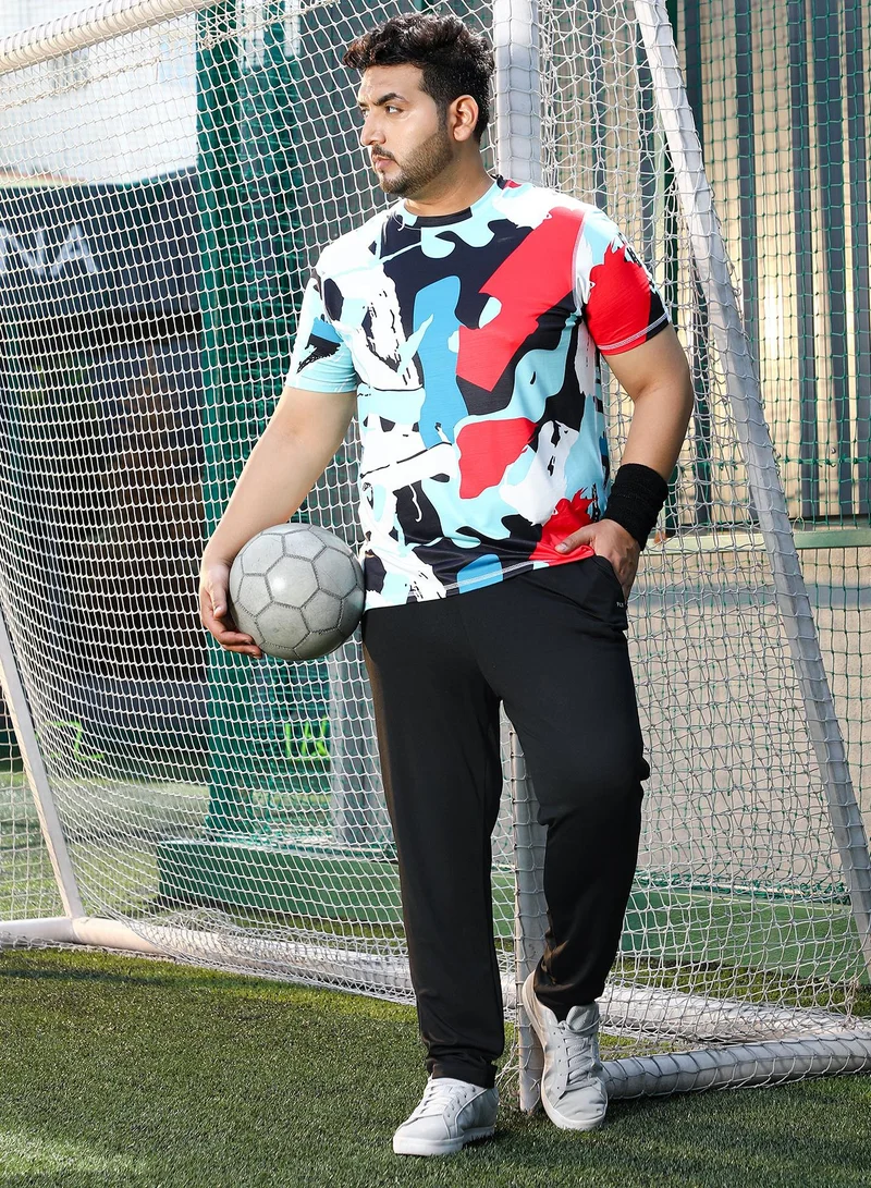 Instafab Plus Instafab Plus Men's Powder Blue & Cream White Abstract Activewear T-Shirt For Casual Wear | Crew Neck | Short Sleeves | Plus Size Jersey T-Shirt Crafted With Comfort Fit For Everyday Wear