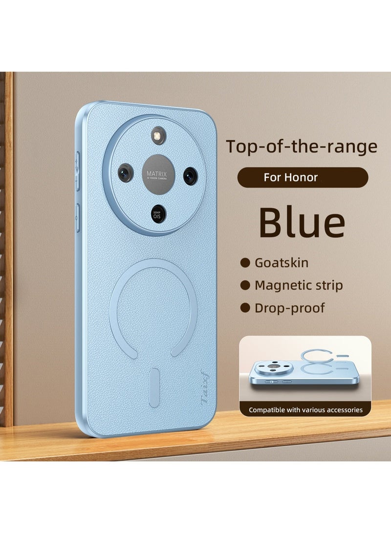 Honor X9d Phone Case, Full-Grain Goatskin, Magnetic Strip, Shockproof,  Blue - Image 2