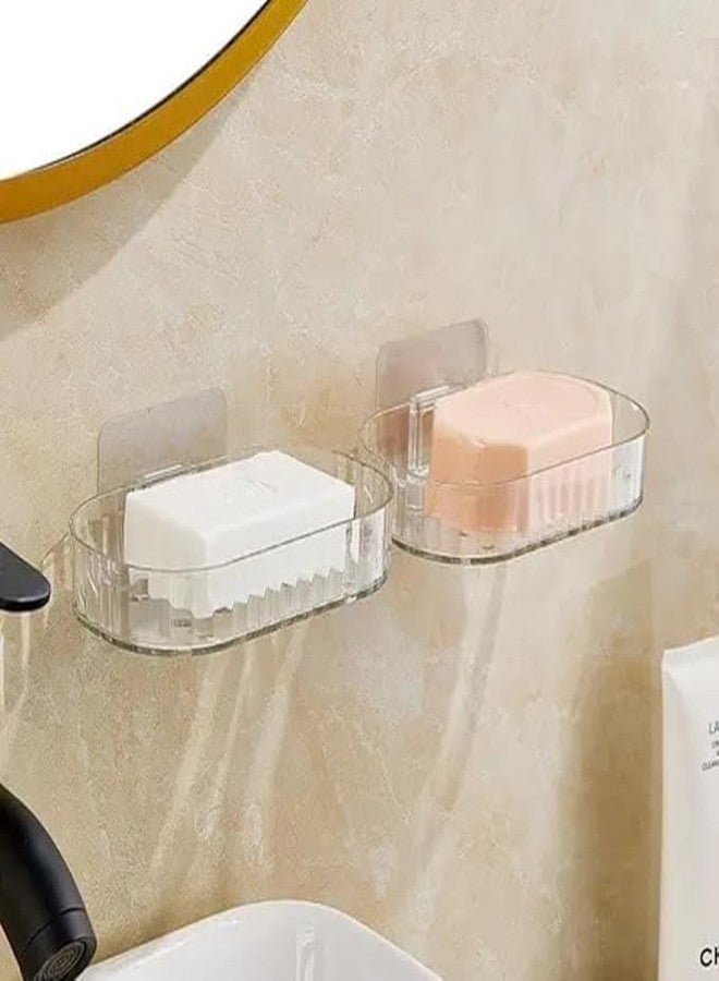 JALCON Self Adhesive Soap Holder Pack of 2 | Wall Mounted Soap Dish for Bathroom & Wash Basin | No Drill Transparent Soap Stand with Drain Tray