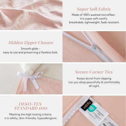 MILDLY Super Soft Duvet Cover - 100% Washed Microfiber Pink Comforter Cover Set 3 Pieces with Zipper Closure & Corner Ties (No Comforter) - Image 5