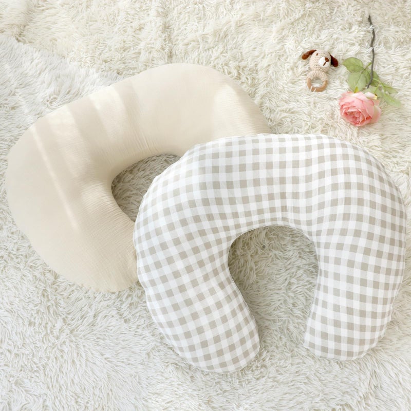 DILIMI Muslin Nursing Pillow Cover 2 Pack, Removable Nursing Cover for Breastfeeding Pillows, Ultra Soft Comfortable Slipcover for Baby Girl and Boy, Beige and Khaki Checkered - Image 5