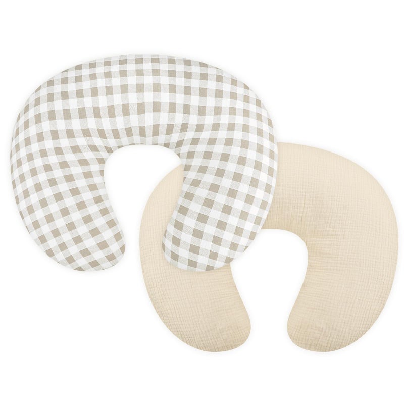 DILIMI Muslin Nursing Pillow Cover 2 Pack, Removable Nursing Cover for Breastfeeding Pillows, Ultra Soft Comfortable Slipcover for Baby Girl and Boy, Beige and Khaki Checkered - Image 1