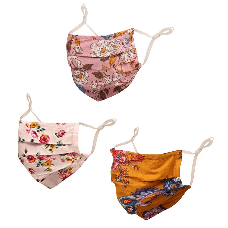 Touchstone anti pollution smog smoke cold cough protective cotton face mask Floral Fabric Adjustable filter pocket nose bridge 2 layer reusable washable men women (Pack of 3). Mustard Pink Blush Pink - Image 1