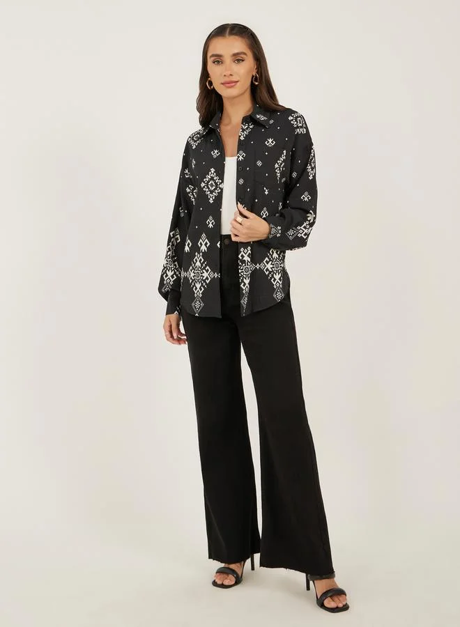Styli Bohemian Printed Long Sleeve Oversized Shirt