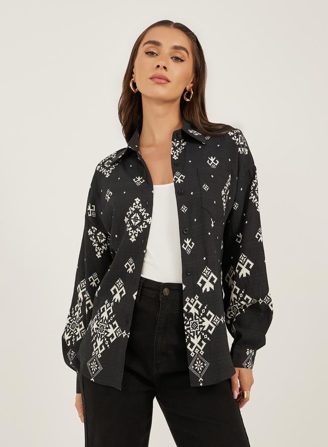 Styli Bohemian Printed Long Sleeve Oversized Shirt - Image 2