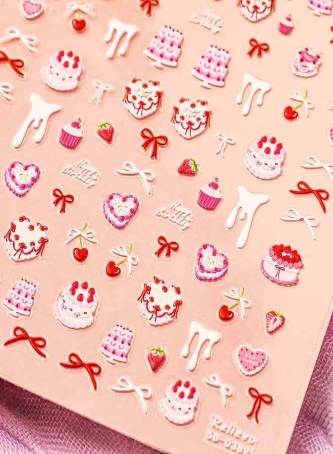 ELLEWIN Nail Art Stickers 5D Embossed Pink Cake Nail Art Stickers Cherry Cake Self-Adhesive Decals for DIY Nail Art Supplies - Image 3