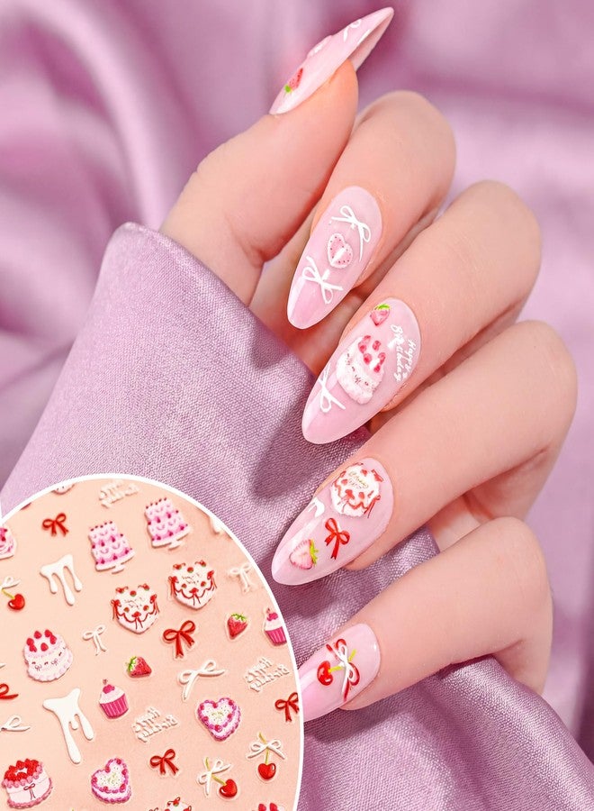 ELLEWIN Nail Art Stickers 5D Embossed Pink Cake Nail Art Stickers Cherry Cake Self-Adhesive Decals for DIY Nail Art Supplies - Image 4