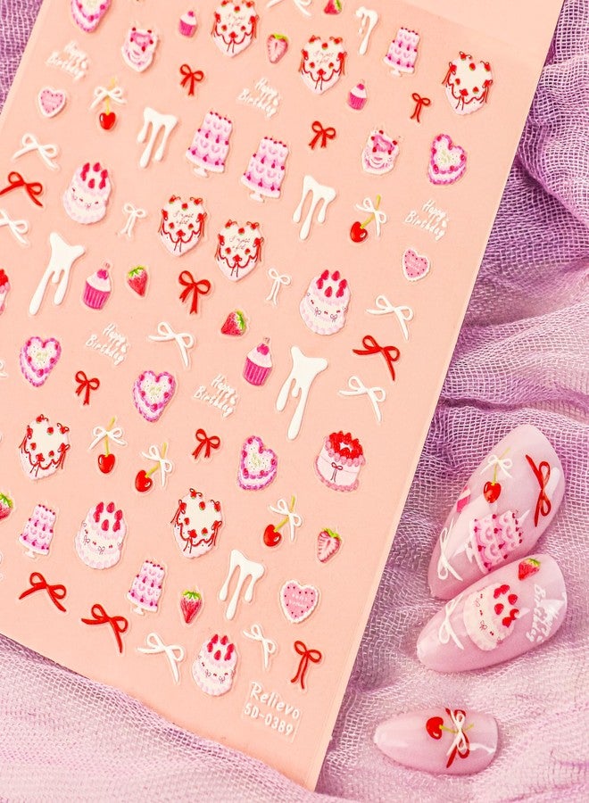 ELLEWIN Nail Art Stickers 5D Embossed Pink Cake Nail Art Stickers Cherry Cake Self-Adhesive Decals for DIY Nail Art Supplies - Image 2