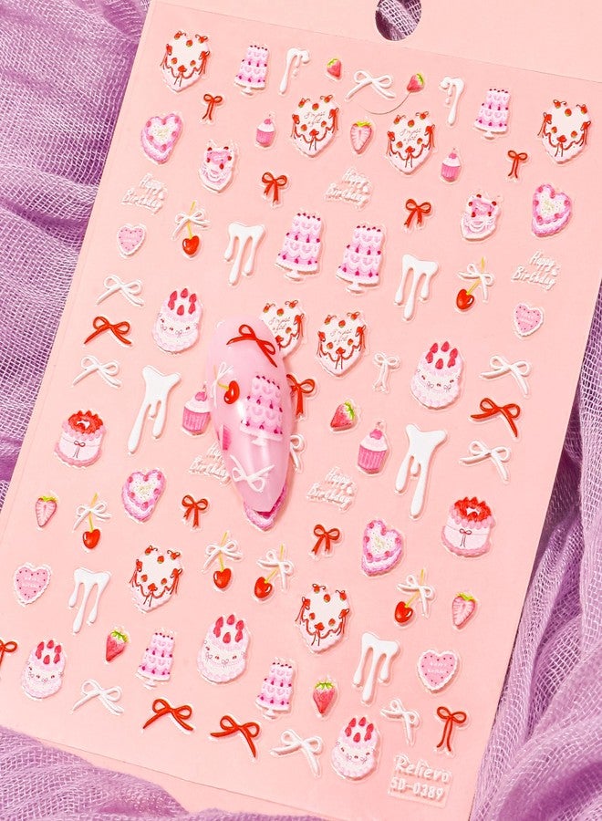 ELLEWIN Nail Art Stickers 5D Embossed Pink Cake Nail Art Stickers Cherry Cake Self-Adhesive Decals for DIY Nail Art Supplies - Image 5