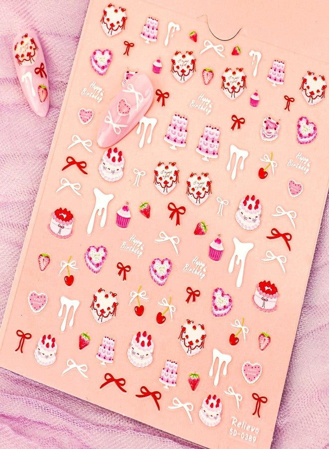 ELLEWIN Nail Art Stickers 5D Embossed Pink Cake Nail Art Stickers Cherry Cake Self-Adhesive Decals for DIY Nail Art Supplies - Image 1