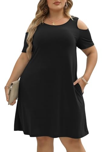 Nemidor Plus Size Dresses for Curvy Women Summer Casual Cold Shoulder T-Shirt Swing Short Sleeve Mini Dress with Pockets(133,22,Black) - Image 1