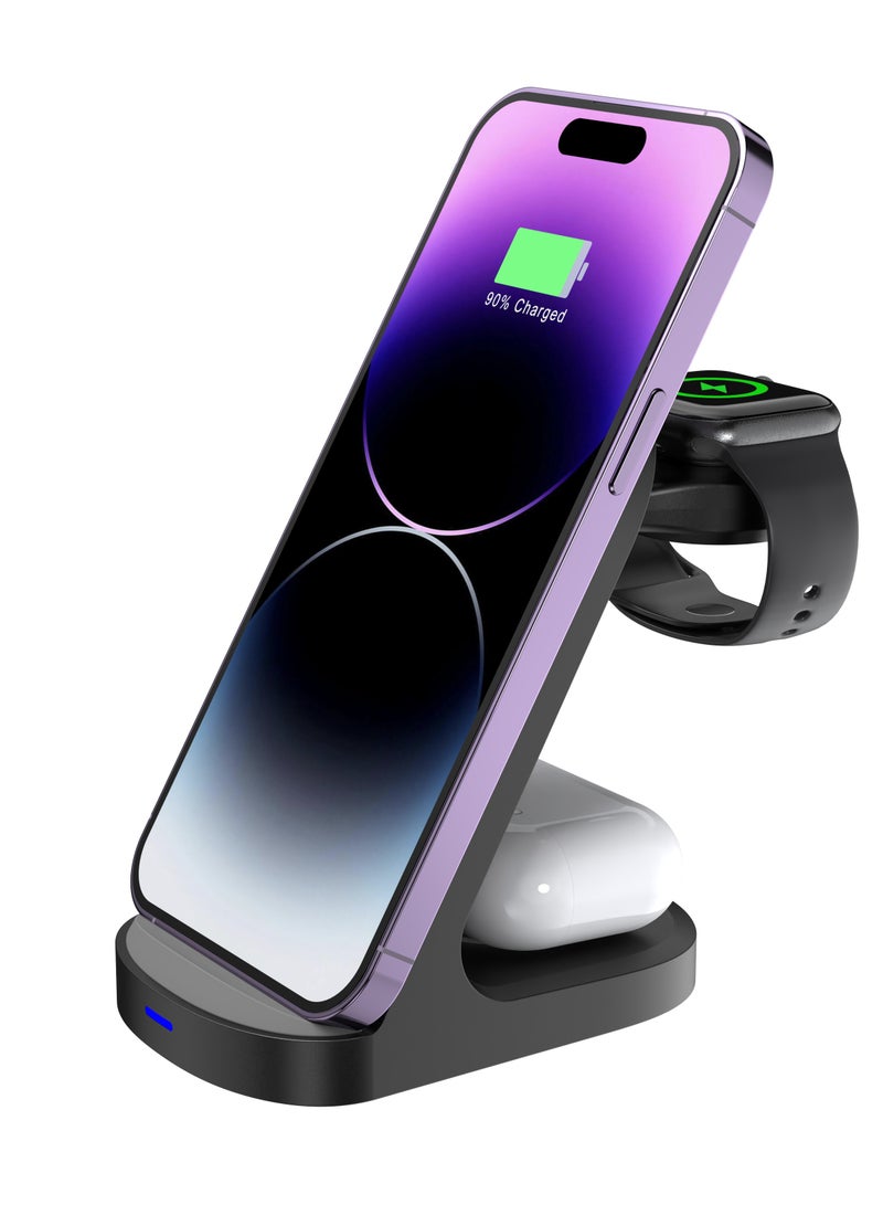 Wireless Charger 15w fast charging 3 in 1 Wireless Charging Station Fast Wireless Charger Stand for Phone Charger 15 14 13 12 11 Pro Max XR XS 8 Plus Watch 8 7 6 5 4 3 2 SE for iPhone AirPods Pro 3 2 Samsung/Huawei/Xiaomi- Black - Image 1