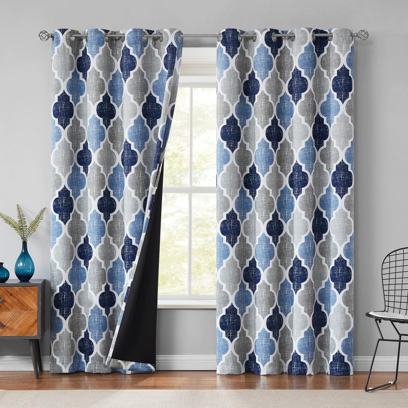 Beauoop 100% Blackout Curtains 84 Inches Long 2 Panels for Bedroom Living Room Blue Grey Moroccan Geo Room Darkening Thermal Insulated Soundproof Grommet Top Window Treatments Drapes, 50x84 Set of 2 - Image 1