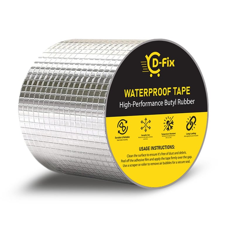 D-Fix شريط إصلاح مقاوم للماء لتسرب الأنابيب وحل تسرب المياه من السقف شريط ألومنيوم لاصق مقاوم للماء شريط مطاطي بوتيل للتشققات السطحية (فضي) (10 سم × 5 م) - Image 1
