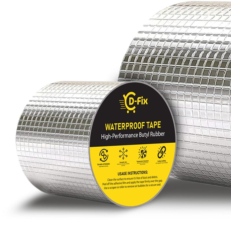 D-Fix شريط إصلاح مقاوم للماء لتسرب الأنابيب وحل تسرب المياه من السقف شريط ألومنيوم لاصق مقاوم للماء شريط مطاطي بوتيل للتشققات السطحية (فضي) (10 سم × 5 م) - Image 2