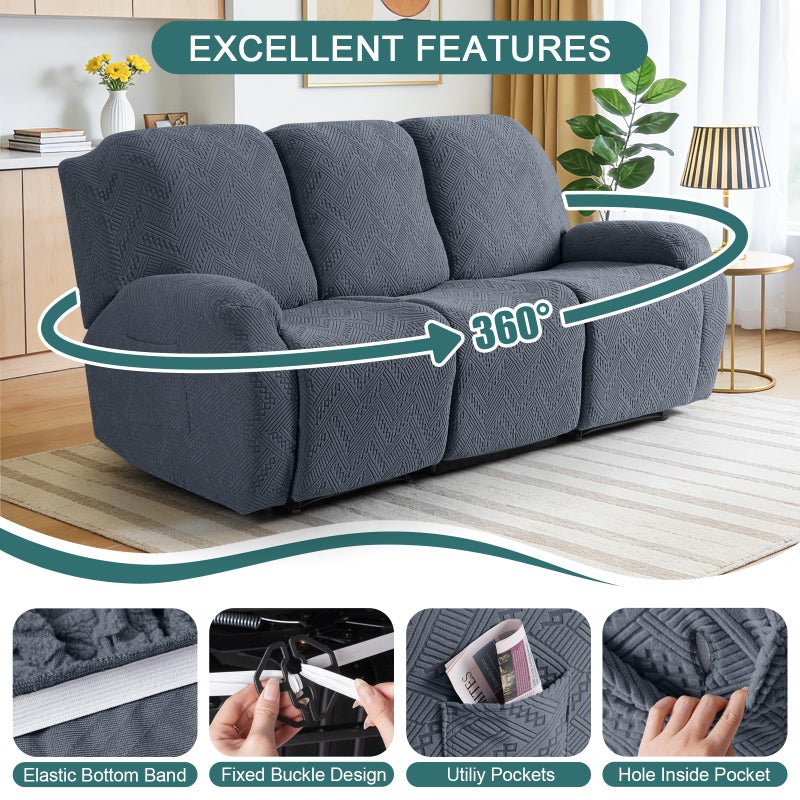 Ruaozz Recliner Sofa Covers Recliner Chair Covers Couch Covers for Reclining Couches with Pockets Washable Furniture Protector with Elastic Bottom (3 Seater, Grey) - Image 5