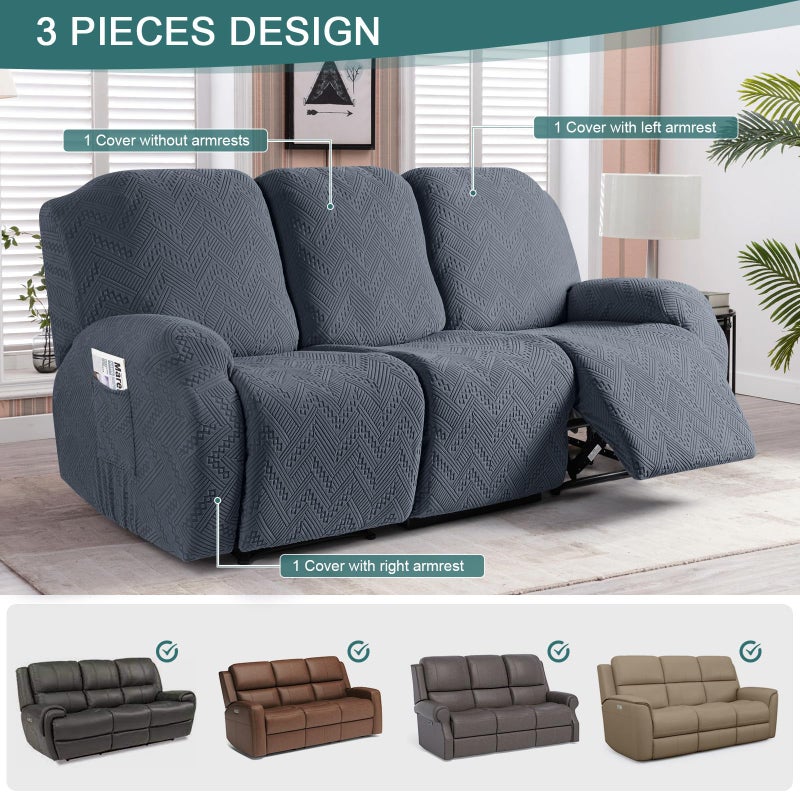 Ruaozz Recliner Sofa Covers Recliner Chair Covers Couch Covers for Reclining Couches with Pockets Washable Furniture Protector with Elastic Bottom (3 Seater, Grey) - Image 4