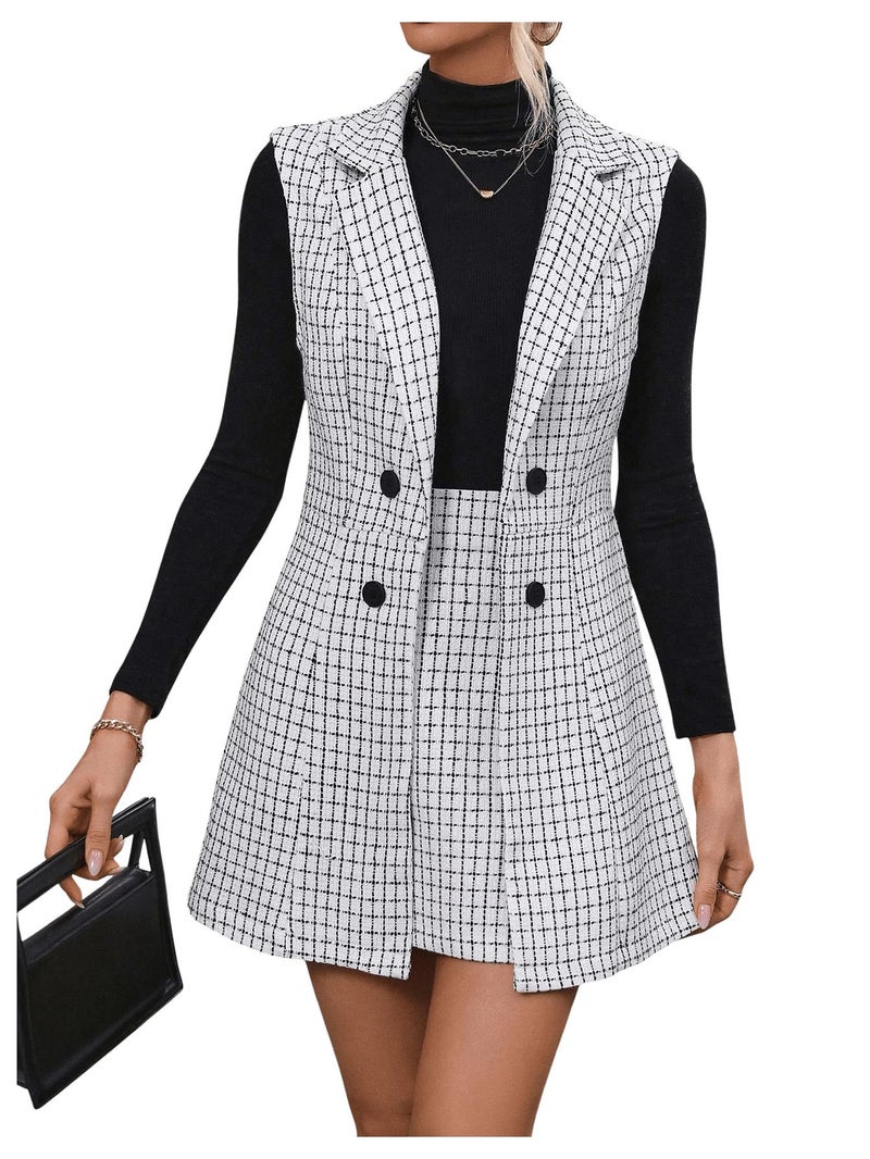 Floerns Women's 2 Piece Outfit Workwear Plaid Print Lapel Neck Vest Blazer and Skirt Set Black and White Small - Image 5