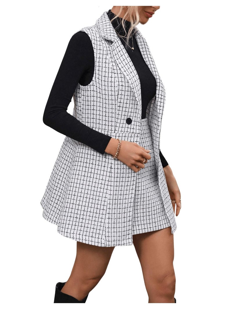 Floerns Women's 2 Piece Outfit Workwear Plaid Print Lapel Neck Vest Blazer and Skirt Set Black and White Small - Image 3