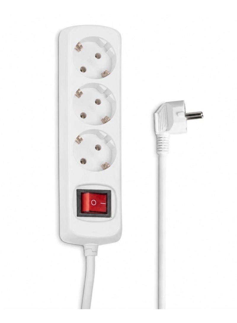 3-Way European Power Extension Socket with On/Off Switch, 1.5m Cable, White - Image 2