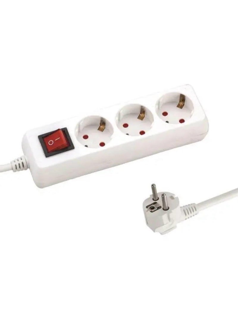 3-Way European Power Extension Socket with On/Off Switch, 1.5m Cable, White - Image 1