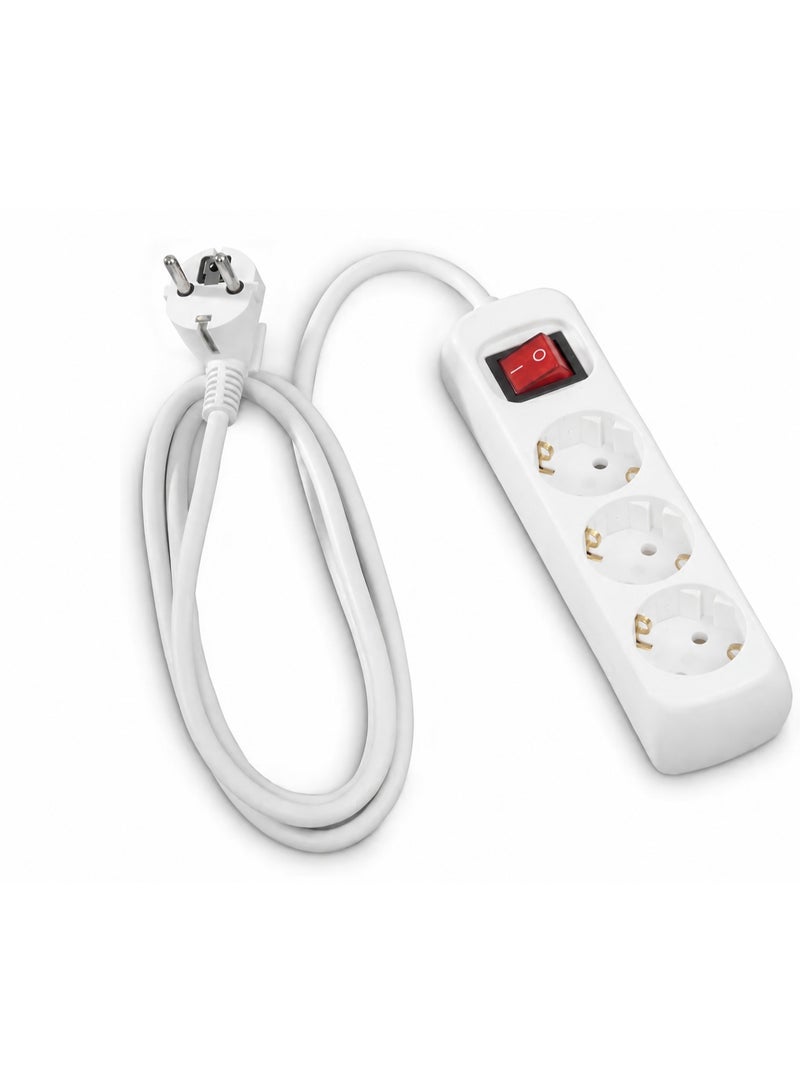 3-Way European Power Extension Socket with On/Off Switch, 1.5m Cable, White - Image 3