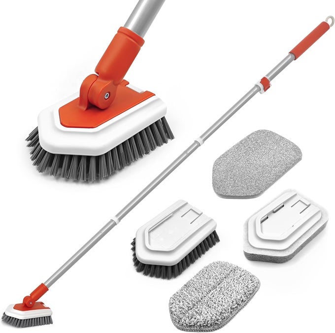SHOWER CLEANING BRUSH, TUB TILE SCRUBBER WITH TELESCOPIC 51 INCHES LONG HANDLE, 4 SCRUB HEADS FOR BATHROOM BATHTUB FLOOR BASEBOARD SINK TOILET