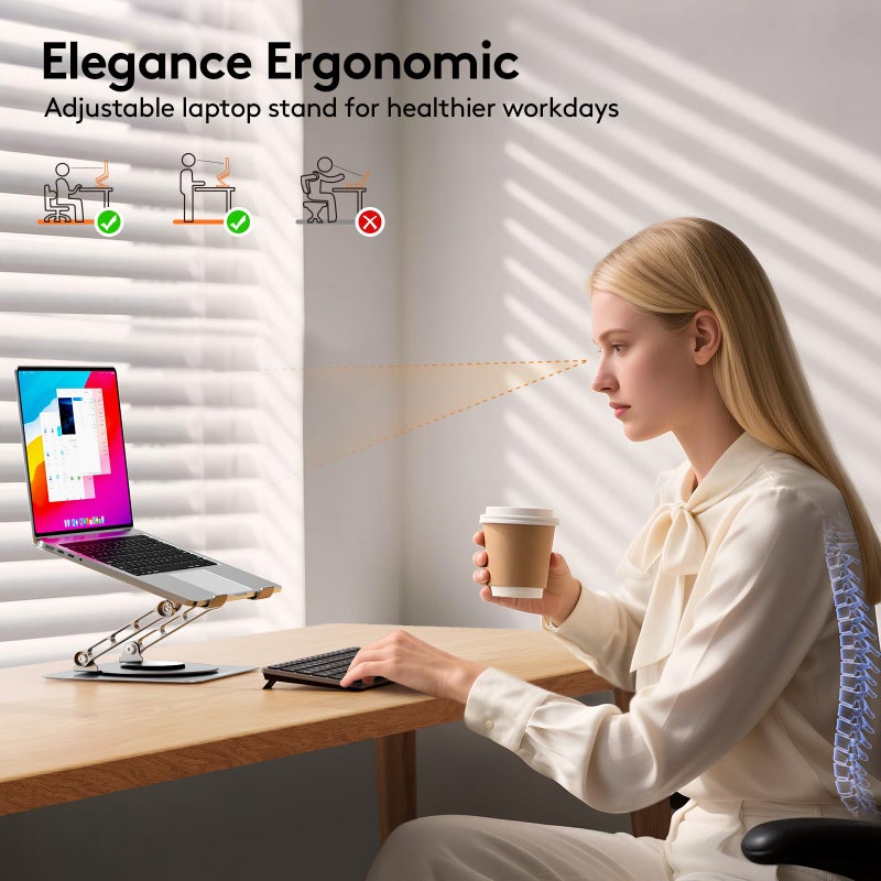 TECKNET Laptop Stand for Desk, 360 Rotating Base, Ergonomic Foldable Computer Stand for Laptop Riser Height Adjustable, Compatible with MacBook Pro, All Laptops 10-17" - Silver - Image 5