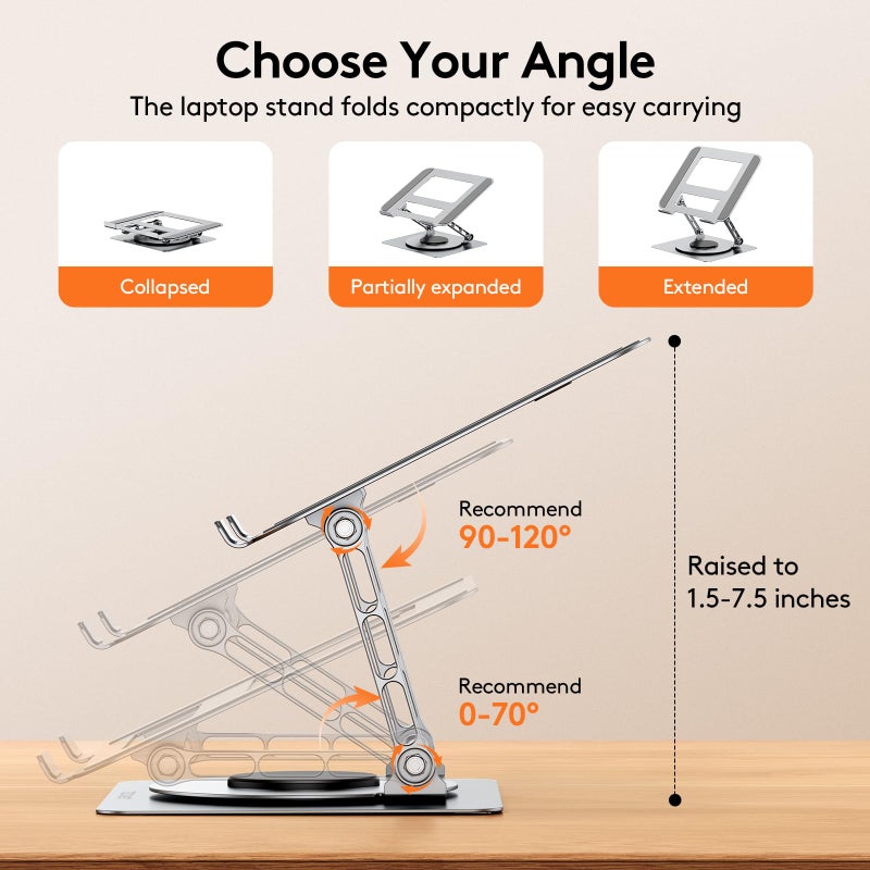 TECKNET Laptop Stand for Desk, 360 Rotating Base, Ergonomic Foldable Computer Stand for Laptop Riser Height Adjustable, Compatible with MacBook Pro, All Laptops 10-17" - Silver - Image 3