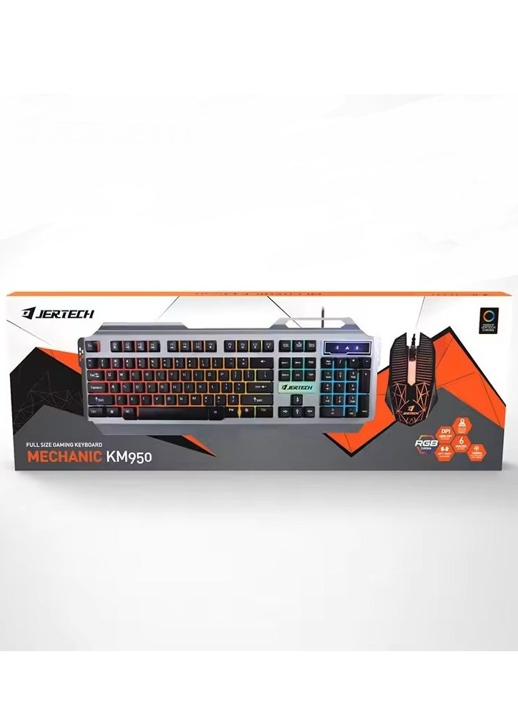JERTECH KM 950 - كومبو كيبورد وماوس للالعاب يو اس بي - مع تأثيرات الإضاءة الرائعة - رد فعل سريع للمفاتيح - تصميم عصري وحديث باعلي جوده - الأسود