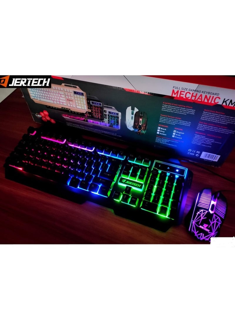 JERTECH KM 950 - كومبو كيبورد وماوس للالعاب يو اس بي - مع تأثيرات الإضاءة الرائعة - رد فعل سريع للمفاتيح - تصميم عصري وحديث باعلي جوده - الأسود