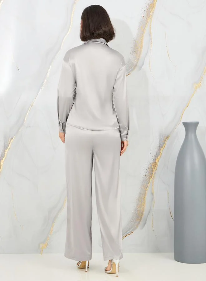 Styli Satin Slim Fit Shirt and Tailored Pant Set