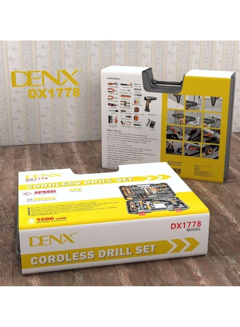 دينكس مجموعة مثقاب لاسلكي DENX DX1778 - بطارية قابلة لإعادة الشحن 12 فولت، سعة 1300 مللي أمبير، سرعة متغيرة من 0 إلى 800 دورة في الدقيقة، قطر المثقاب الأقصى 10 مم، مقبض مريح، مصباح عمل LED، مجموعة أدوات كاملة للأعمال اليدوية. - Image 3