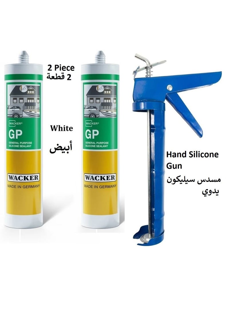 WACKER Hand Caulking Gun Heavy Duty Silicone Glue Gun 9 Inch With 2 Piece Wacker Germany Silicone Sealant General Purpose GP White 280ml - Image 1