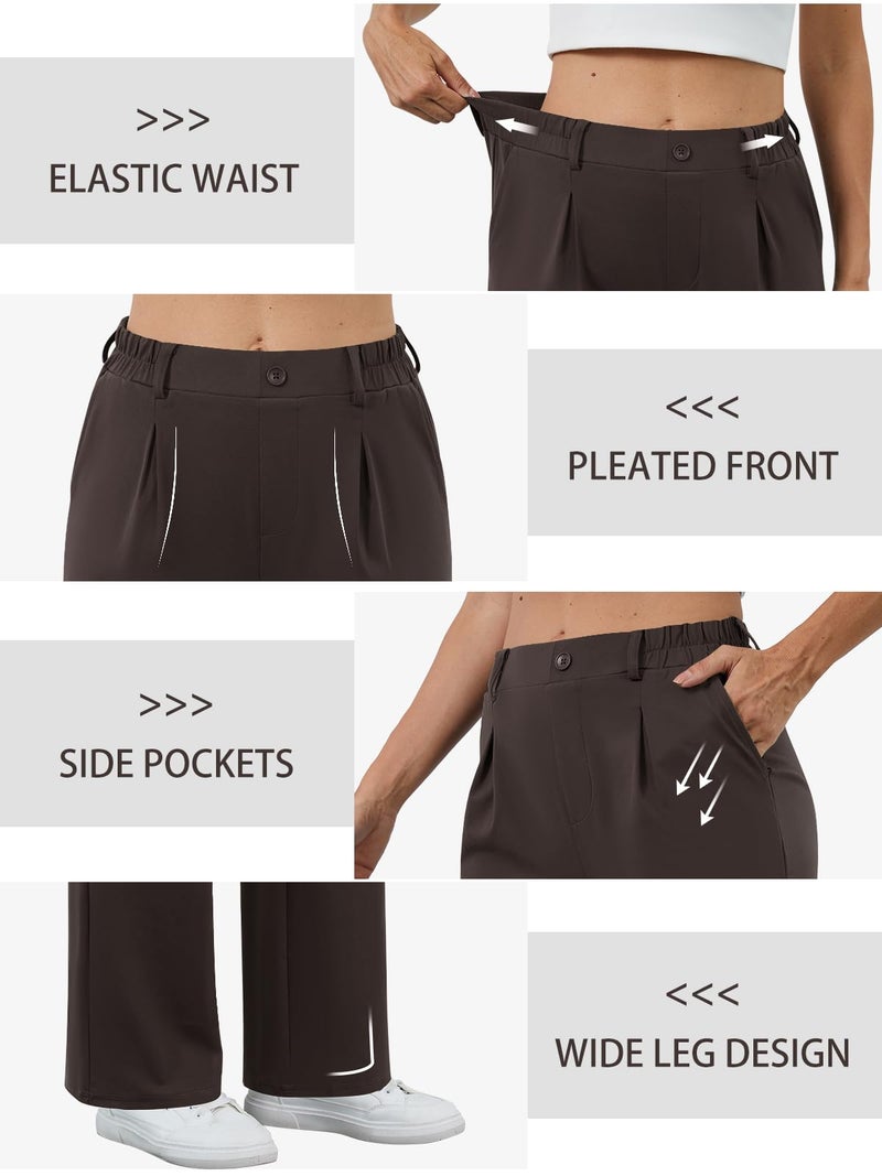 COPYLEAF Womens Dress Pants Wide Leg Stretchy Work Pants with Pockets Elastic Waist Pleated Front Business Casual Slacks(Brown M) - Image 5