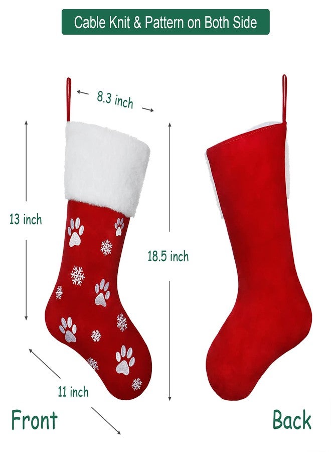 Alynsehom 18 Inch Christmas Stocking Set of 2, Red Green Luxury Velvet Embroidery Snowflake Paws Pattern Plush Faux Fur Cuff Hanging Stockings Family Decor Holiday Xmas Party Decorations - Image 3