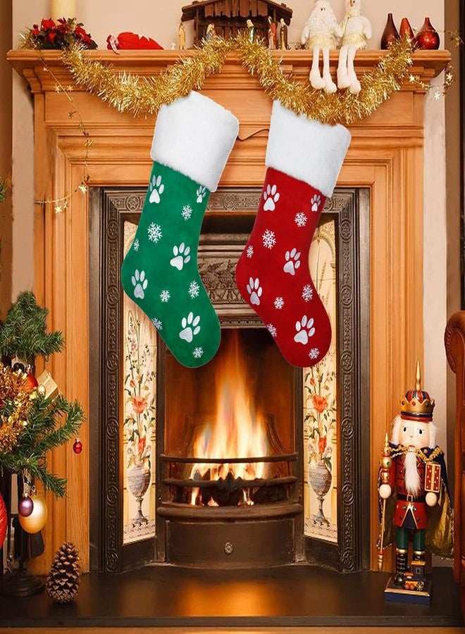 Alynsehom 18 Inch Christmas Stocking Set of 2, Red Green Luxury Velvet Embroidery Snowflake Paws Pattern Plush Faux Fur Cuff Hanging Stockings Family Decor Holiday Xmas Party Decorations - Image 2