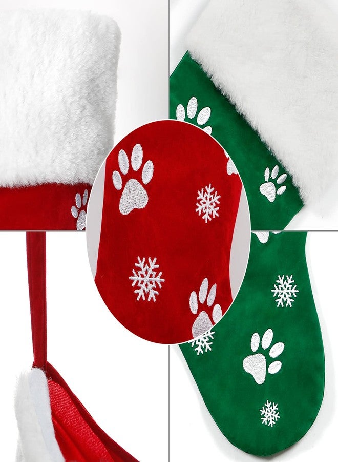 Alynsehom 18 Inch Christmas Stocking Set of 2, Red Green Luxury Velvet Embroidery Snowflake Paws Pattern Plush Faux Fur Cuff Hanging Stockings Family Decor Holiday Xmas Party Decorations - Image 5