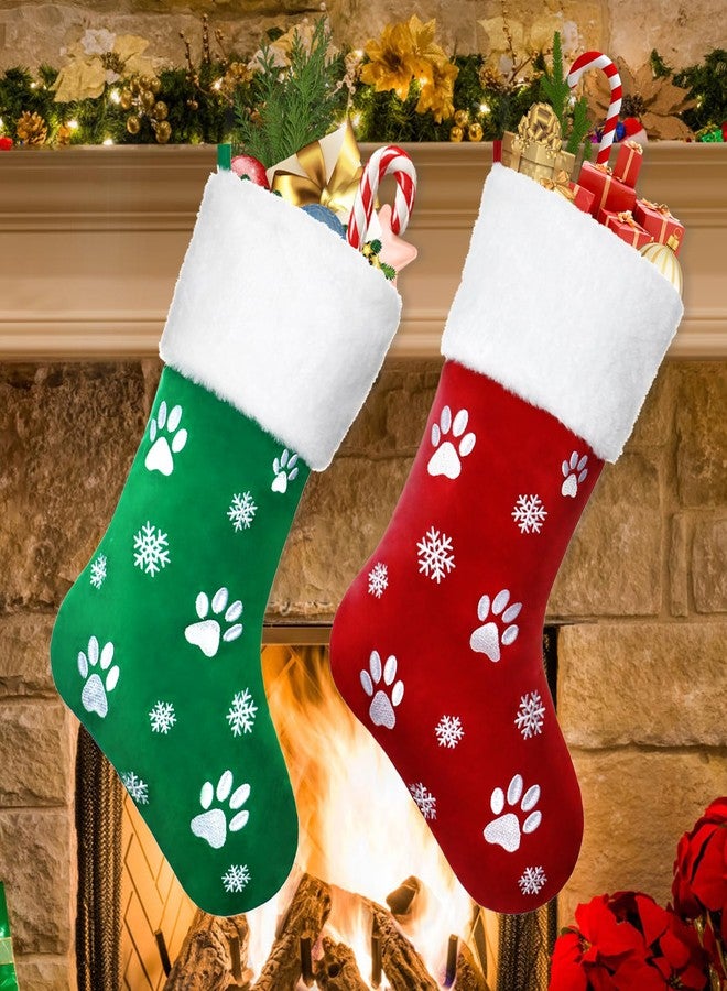 Alynsehom 18 Inch Christmas Stocking Set of 2, Red Green Luxury Velvet Embroidery Snowflake Paws Pattern Plush Faux Fur Cuff Hanging Stockings Family Decor Holiday Xmas Party Decorations - Image 1