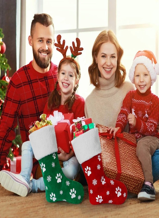 Alynsehom 18 Inch Christmas Stocking Set of 2, Red Green Luxury Velvet Embroidery Snowflake Paws Pattern Plush Faux Fur Cuff Hanging Stockings Family Decor Holiday Xmas Party Decorations - Image 4