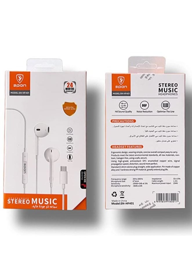 SPON - Type-C Wired Earphones with Built-in Microphone Compatible with Samsung, Apple iPad& iphone 15 pro max-White - Image 1