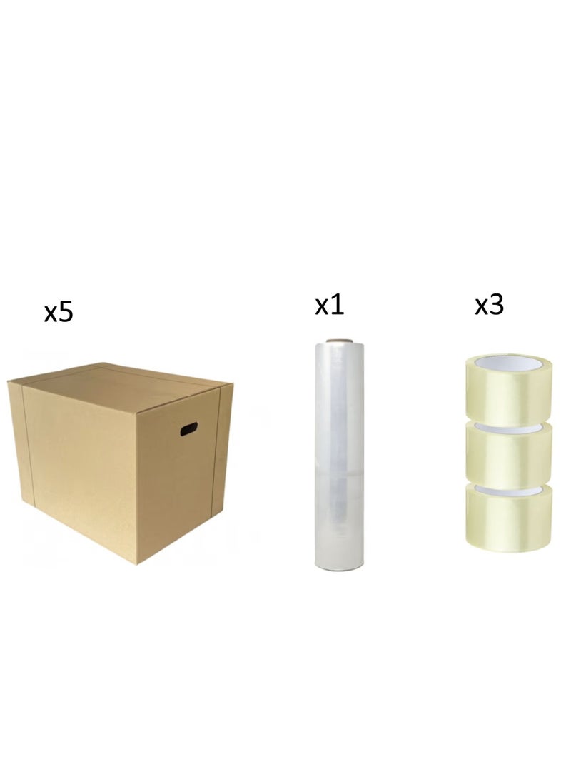 Generic Package For Cargo And Moving Set Of 5 Cardboard boxes 60x45x45cm, Plastic Wrap And 3 Transparent Tapes  - Image 1