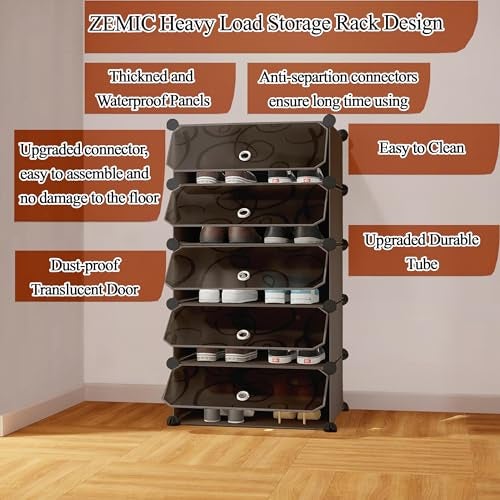 Zemic 5 Shelf DIY Shoe Rack Plastic ^ Multi-Purpose Plastic Shoe Rack for Home Plastic Shelves, PP Plastic Home Shoe Rack with Door for Entryway, Chappal Slipper Shoe Stand (Black, 5-Shelf-5-Door) - Image 5