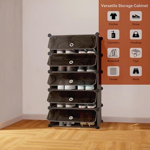Zemic 5 Shelf DIY Shoe Rack Plastic ^ Multi-Purpose Plastic Shoe Rack for Home Plastic Shelves, PP Plastic Home Shoe Rack with Door for Entryway, Chappal Slipper Shoe Stand (Black, 5-Shelf-5-Door) - Image 4